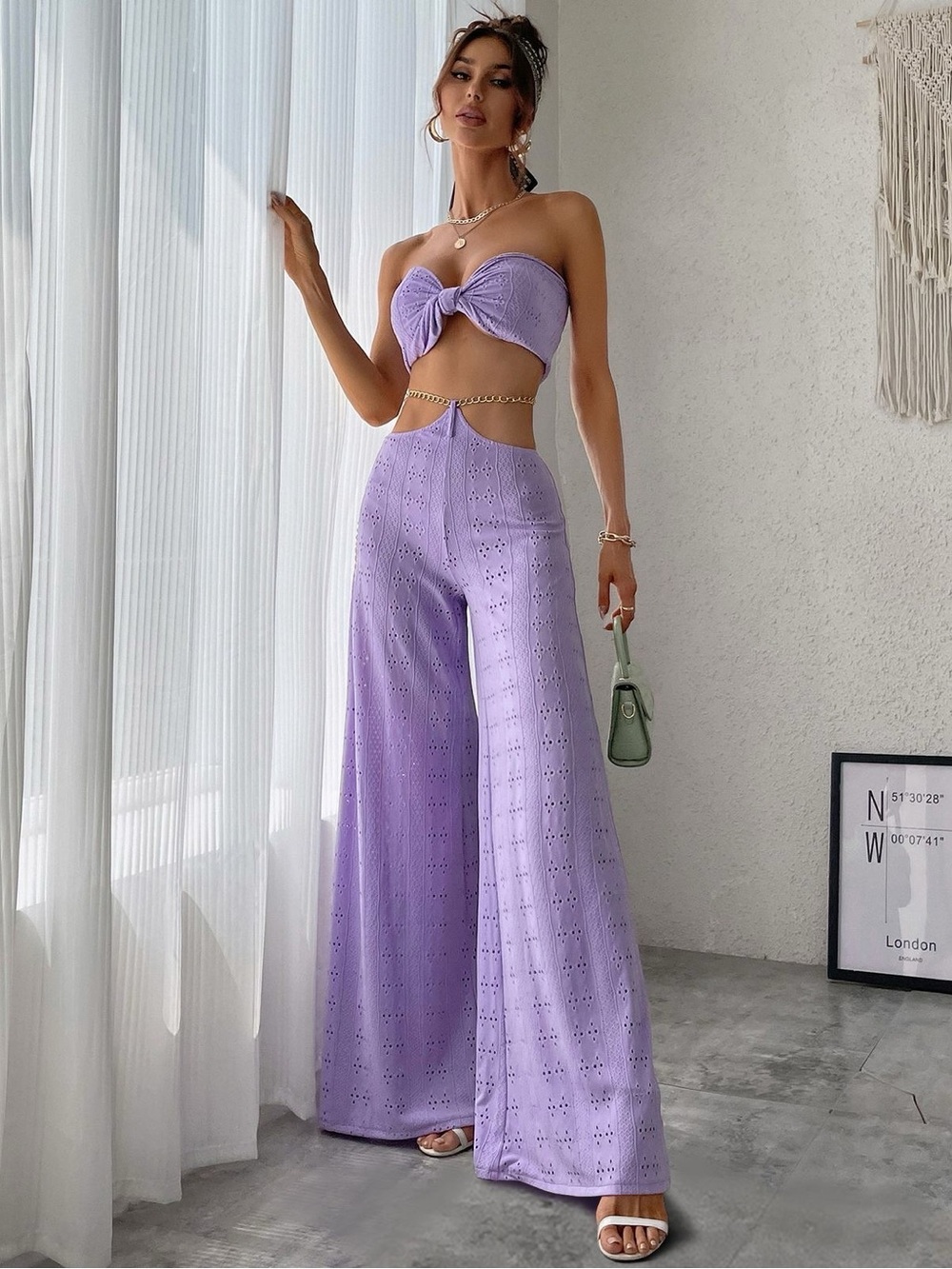 SHEIN Lilac Cutout Wide-Leg Pants with Chain Detail